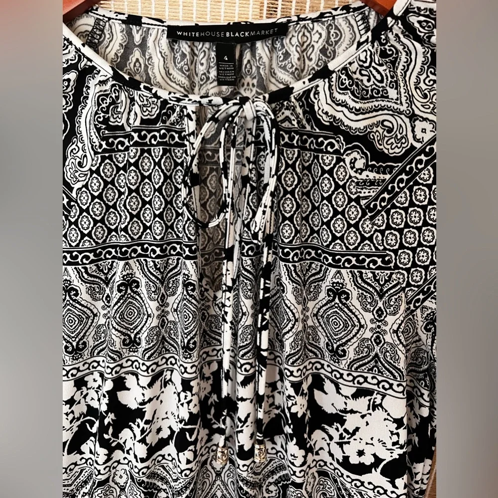 White House Black Market white and black 3/4 sleeve paisley boho dress - Picture 8 of 9